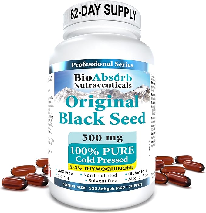 Bio Absorb Black Seed Oil Capsules 82-Day Supply Cold Pressed Pure Black Cumin Seed Oil (Nigella Sativa) (330 softgels 500mg)
