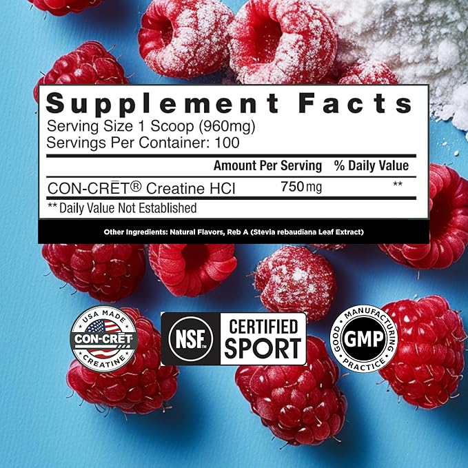 CON-CRET Creatine HCl Powder | Muscle Cognitive Cellular Energy Support | No Bloating or Cramps | USA Made &amp NSF Certified | Raspberry (100 Serving)