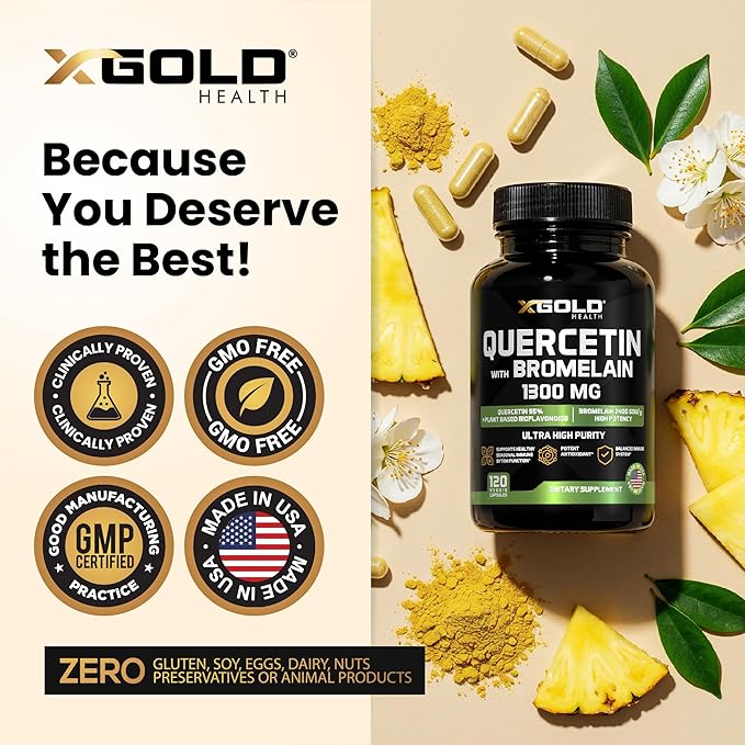Micronized Quercetin + Bromelain 1300mg Quercetin: 95% - Highly Purified and Highly Bioavailable Plus Bromelain 2400 GDU/g - Made in USA | 120 Capsules
