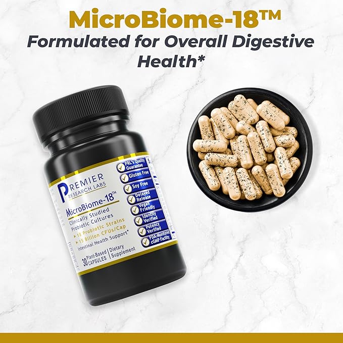 Premier Research Labs MicroBiome-18 - Probiotics for Digestive Health Probiotics with Lactobacillus Acidophilus for Women and Men Reuteri for Healthy Gut Microbiome - 30 Vegetarian Capsules