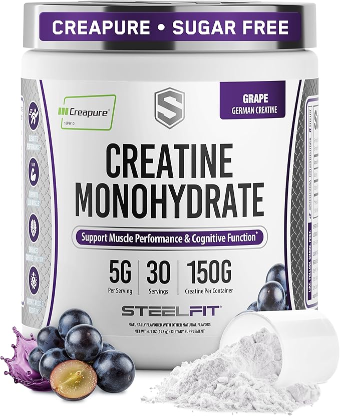 SteelFit Creapure Pure Creatine Monohydrate Powder for Men &amp Women Grape - Flavored Creatine Gym Workout Supplements for Lean Muscle Gain Brain Health &amp Strength Building - 30 Servings