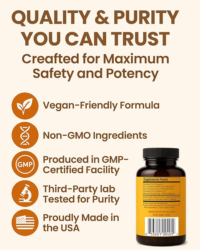 Humic &amp Fulvic Acid Supplement Capsules – Organic Plant-Based Acid Fulvic Supplement with Fulvic-Humic Mineral Blend for Detox &amp Absorption 60 ct