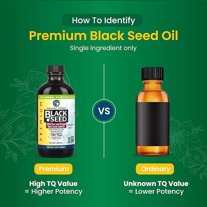 Amazing Herbs Premium Liquid Black Seed Oil - Cold Pressed with Nigella &amp Sativa Aids in Digestive Health Omegas 3 6 &amp 9 Immune Support Brain Function Non GMO for Men and Women - 8 Fl Oz