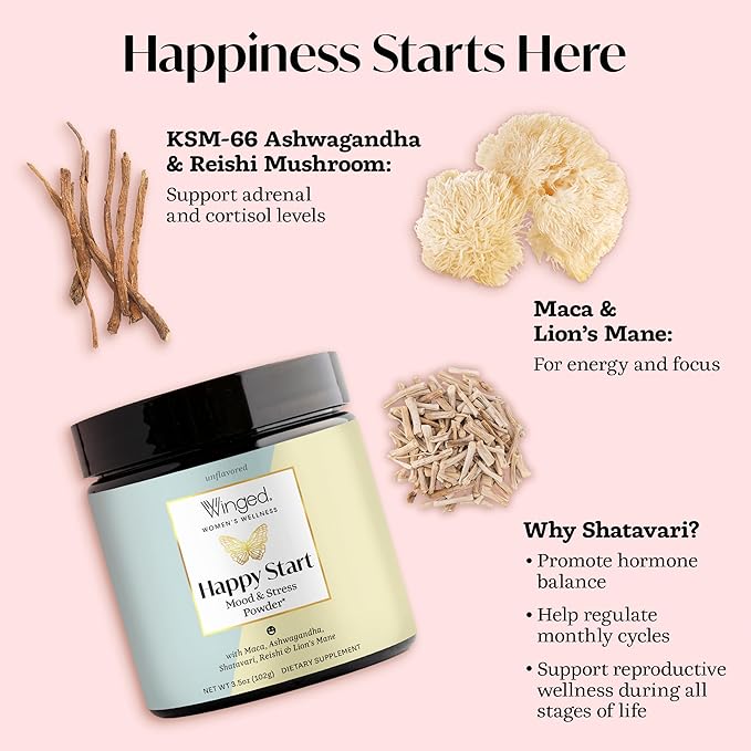 Winged Wellness Happy Start Mood Boosting Drink Mix Powder for Women - Happy Mind &amp Hormonal Health Mood Support Supplement with Red Maca Ashwagandha Mushrooms &amp Shatavari