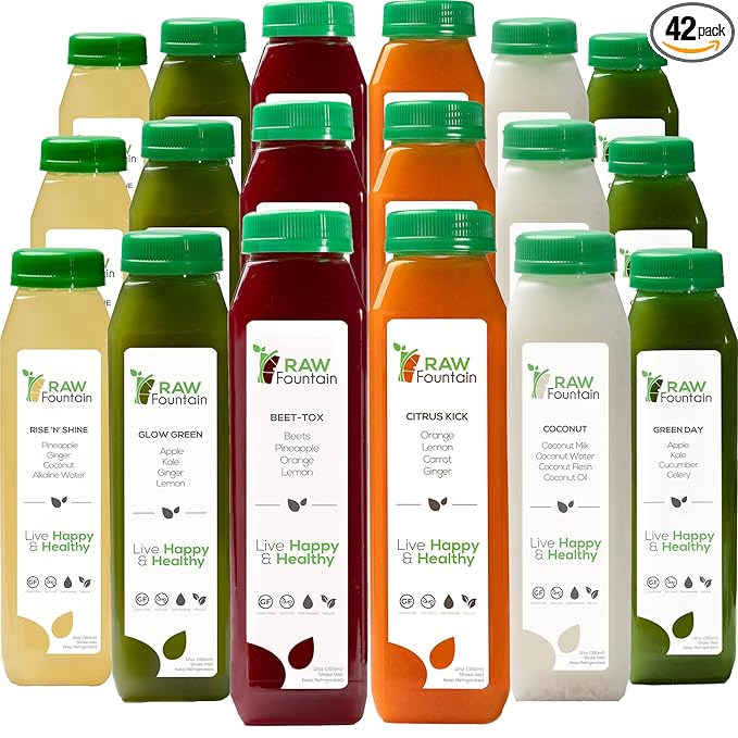 7 Day Juice Cleanse by Raw Fountain All Natural Raw Detox Cleanse Cold Pressed Juice Fast Great Way to Jumpstart a Healthier Diet Kosher Vegan NO Sugar Added 42 Bottles 12oz