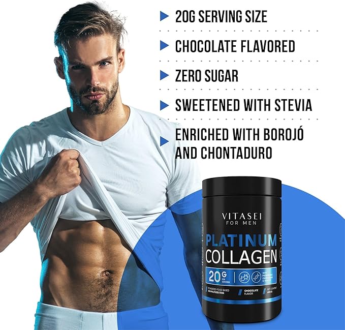 VITASEI Hydrolyzed Collagen Powder for Men - BCAA Enriched with Borojo &amp Chontaduro - Protein Powder Supplement for Enhanced Workouts Muscle Energy - Zero Sugar &amp Chocolate Flavored - 21 oz