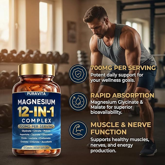 Puravita 12 in 1 Magnesium Complex Capsules - 700mg High Absorption Blend with Glycinate Citrate Malate Oxide &amp Taurate. Supports Muscle Function Nerve Health &amp Relaxation - 120 Capsules (