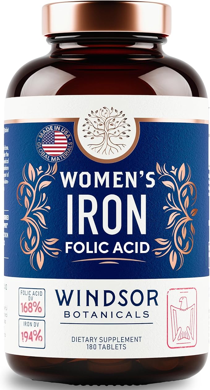 Iron and Folic Acid Supplements for Women - 35mg Gentle Iron Vitamin Folic Acid 400mcg - Anemia Period Pregnancy Support Supplement Ferrous Sulfate Pills - 180 Vegan Non-Constipating Tablets