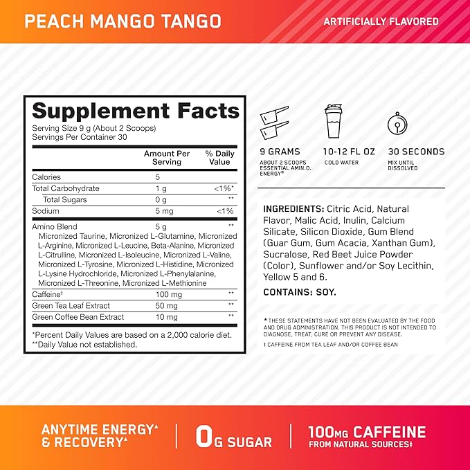Optimum Nutrition New Flavor Amino Energy - Pre Workout with Green Tea BCAA Amino Acids Keto Friendly Green Coffee Extract Energy Powder - Peach Mango Tango 30 Servings (Packaging May Vary)