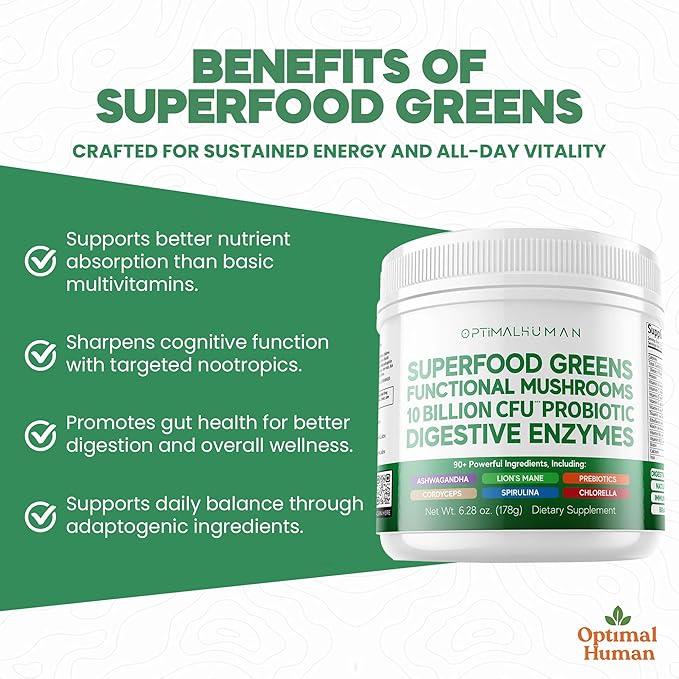 Optimal Human Superfood Greens Powder – 90+ Ingredient Blend with Lion’s Mane Supplement Ashwagandha &amp Turmeric – Non-GMO Soy-Free Mushroom Supplements for Women - 6.28 oz