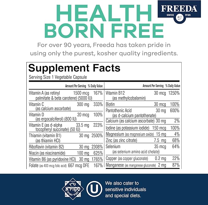 FREEDA One Daily Multivitamin Without Iron – Quintabs-M Iron-Free – Kosher Balanced Multivitamin Supplements for Adults Men &amp Women's Health Complete Multivitamins (100 Capsules)