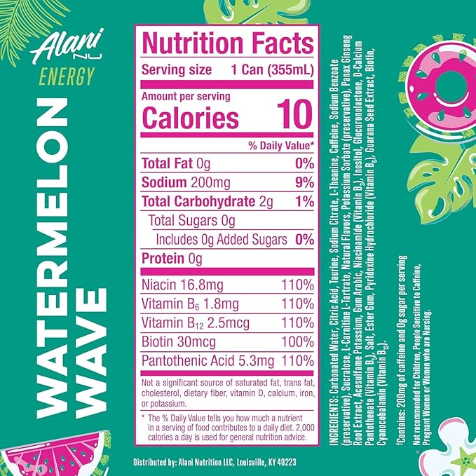 New Alani Energy Drinks Variety Pack Watermelon Wave Pink Slush Winter Wonderland Flavors Sugar-Free Low-Calorie 200mg Caffeine Energy Boost Drink 12 fl oz (Pack of 6)
