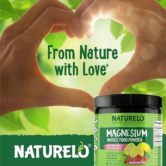 NATURELO Magnesium Powder - Whole Food Calm Magnesium Powder with Quinoa Cauliflower &amp Flaxseed for Stress Relief Raspberry Lemon 85 Servings 15oz (Pack of 2)