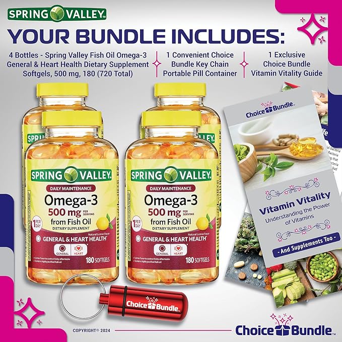 Choice Bundle Spring Valley Fish Oil Omega 3 Fatty Acid Supplement Lemon Softgels 500 mg 180 Ct 4 pk (720 Total) + Vitamin Guide and Pill Container (6 Items)!
