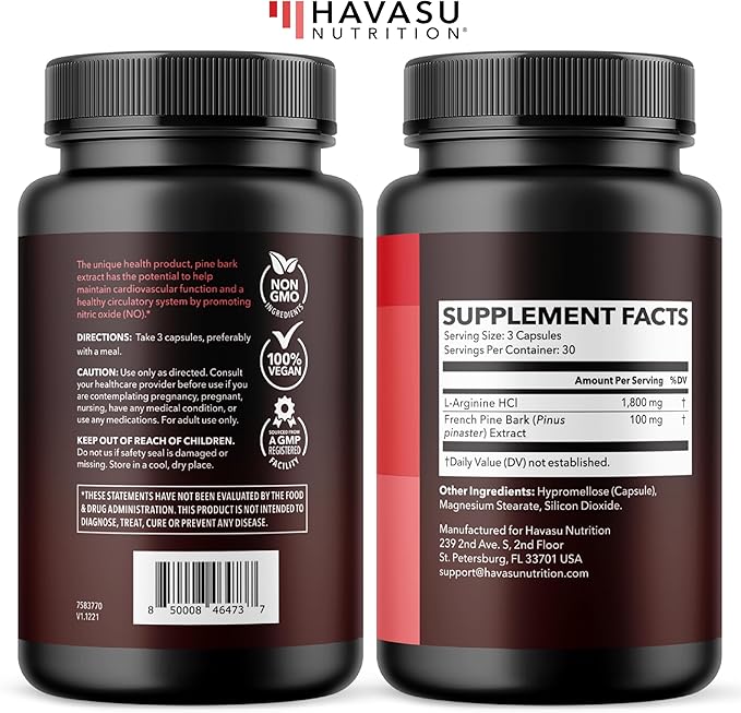 L-Arginine 1800mg and Pine Bark Extract 100mg - Nitric Oxide Supplement for Men - Performance Supplement for Men's Health - 90 Count - Endurance Recovery Support - Vegan Non-GMO Capsules
