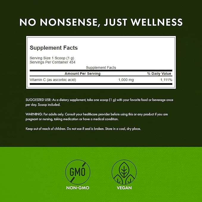 Swanson Vitamin C Powder 100% Pure Ascorbic Acid Immune System Support Skin Health Cardiovascular Health Antioxidant Supplement 1000 mg (per Serving) 1 lb. 454 g