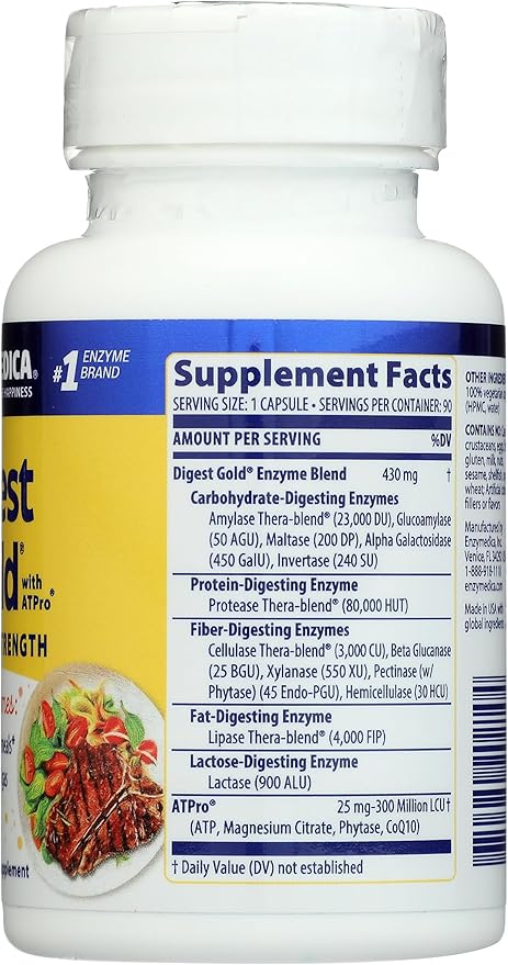 Enzymedica Digest Gold + ATPro Maximum Strength Digestive Enzymes Helps Digest Large Meals for Instant Bloating Relief 90 Count