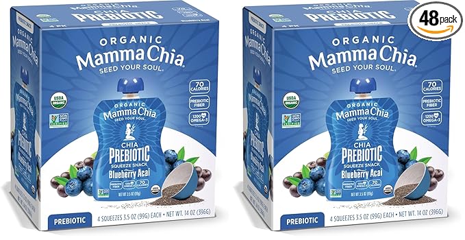 Mamma Chia Organic Prebiotic Squeeze Snack Blueberry Acai Fiber-Rich Prebiotic Gut Support USDA Certified Organic Non-GMO Vegan Gluten Free 14 Ounce (Pack of 6) (Pack of 2)