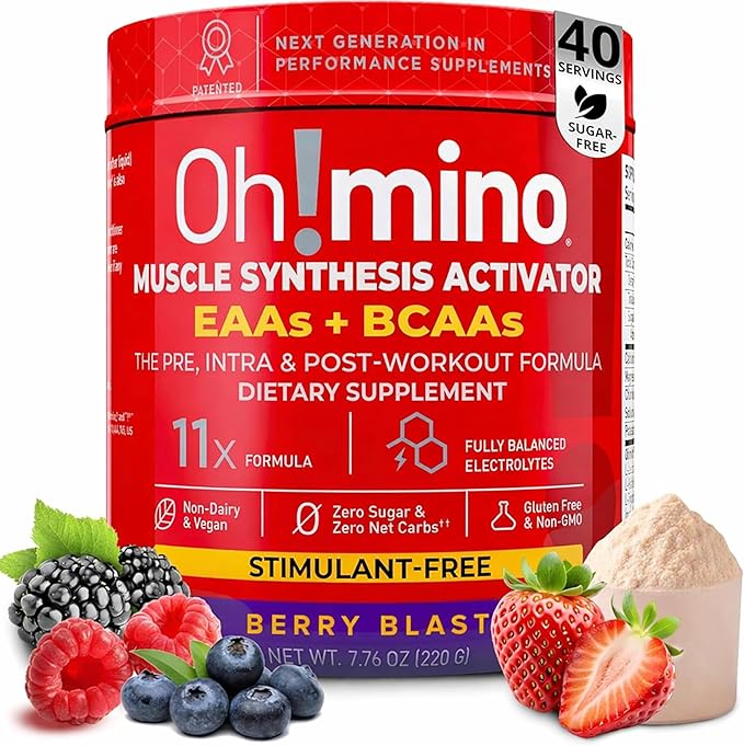 Oh!mino Essential Amino Acids Supplement Berry Blast Stimulant-Free Powder All 9 EAAs BCAAs and The Perfect Amino for Workouts Amino Energy and to Build Muscle and Recover Faster