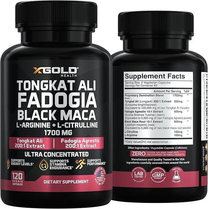 Tongkat Ali + Fadogia Agrestis Complex 1700mg – Black Maca L-Arginine &amp L-Citrulline Nitric Oxide Booster – Energy Stamina Vitality &amp Performance Support for Men &amp Women – Non-GMO – 120