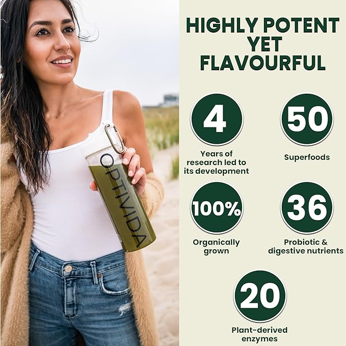 OPTIVIDA Fruits &amp Veggie Mix Super Greens Powder Packets (30 Days)- 50+ Superfood Green Juice Powder &amp Greens Supplements W/Probiotic Antioxident Digestive Enzymes &amp Adaptagen Blends for