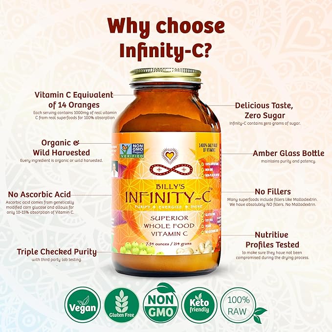 Infinity-C Organic Whole-Food Sourced Vitamin C Powder | Acerola Camu Camu &amp Amla | 1000mg Superfood C | High-Potency | Shilajit Astragalus Root &amp Ginger | Vegan Non-GMO (30 Servings)