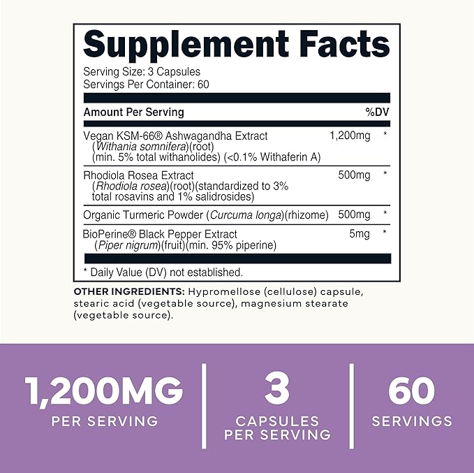 Type Zero KSM-66 Ashwagandha Root Extract 1200mg 60 Servings - High Potency 5% Withanolides - with Turmeric Rhodiola Rosea and BioPerine Black Pepper Extract - 180 Veggie Caps