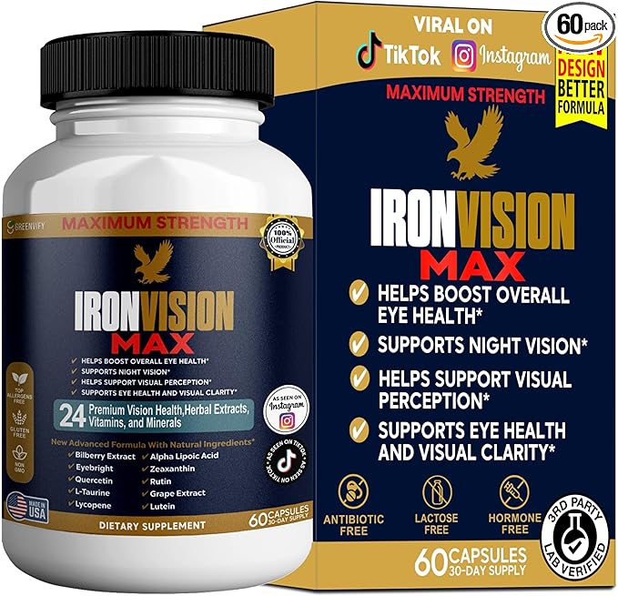 IronVision Max Eye Health Supplement 24 Premium Vitamins &amp Minerals Lutein Bilberry Extract 60 Capsules (1)
