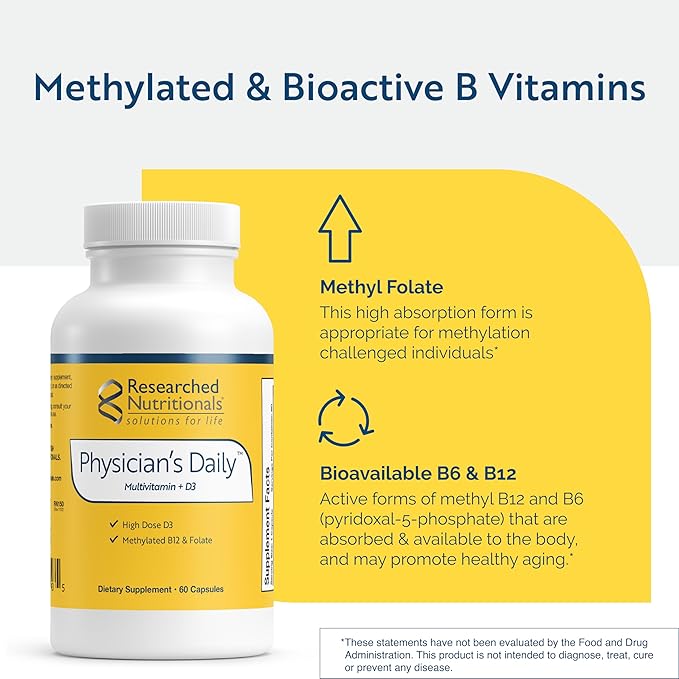 Researched Nutritionals Physician's Daily + D3 Supplement - Daily Multivitamin for Men and Women with Vitamin D3 2000iu Vitamin B12 Vitamin B6 + Methylated Folate (60 Capsules)
