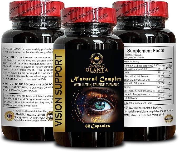 Vision Support Supplement - Healthy Vision and Eye Function Support Taurine Supplement for Eyes Eye Vitamins w/Lutein Vitamins for Vision - 2 Bottles 120 Capsules