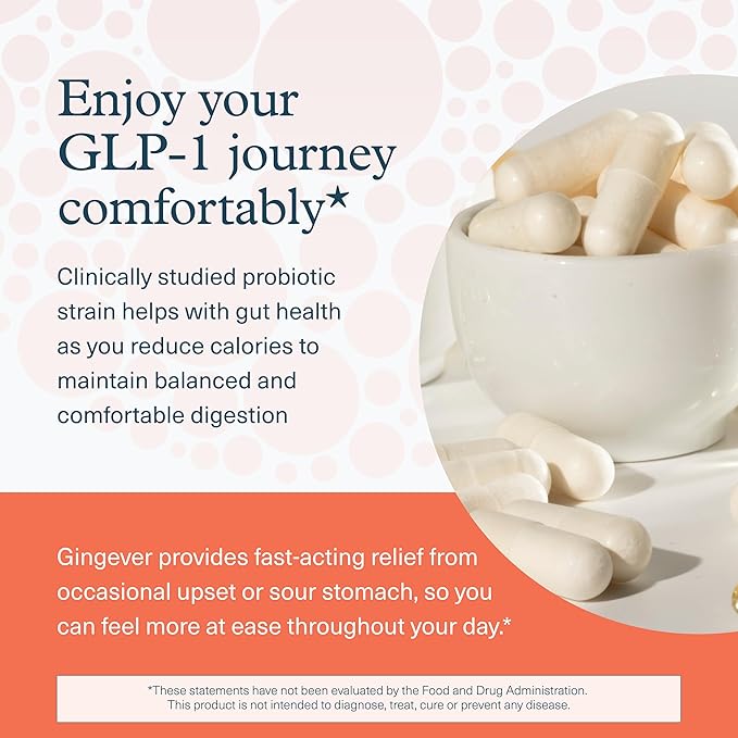 Youtheory 2X Action Probiotic - GLP-1 Support for Gut &amp Digestive Health* - Clinically Studied Probiotic - Prebiotic Fiber &amp Fast-Acting Ginger Extract - Gluten &amp Soy Free - 60 Vegetarian