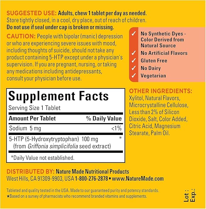 Nature Made Chewable 5HTP 100mg 5-HTP Mood Support Supplement 30 5 HTP Chewable Tablets 30 Day Supply (Pack of 2)