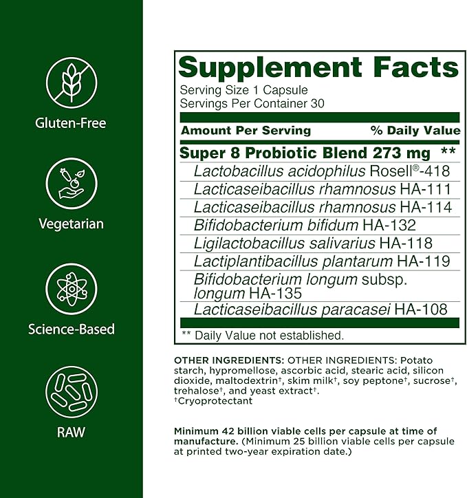 Flora Super 8 Hi Potency Probiotics 30 Count - Healthy Yeast Balance &amp Digestive Health - for Men &amp Women - 42 Billion CFU Raw Gluten Free - Up to 1 Month Supply