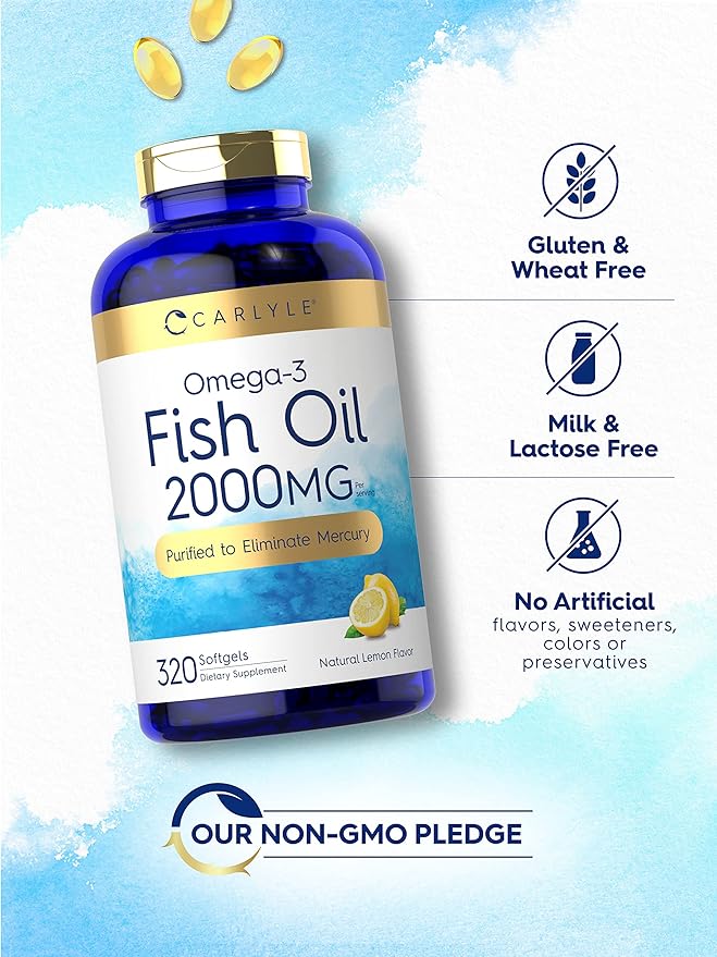 Carlyle Fish Oil Omega 3 Supplements | 2000mg | 320 Softgels | EPA &amp DHA | 600mg Total Omega-3 | Non-GMO Gluten Free Pills