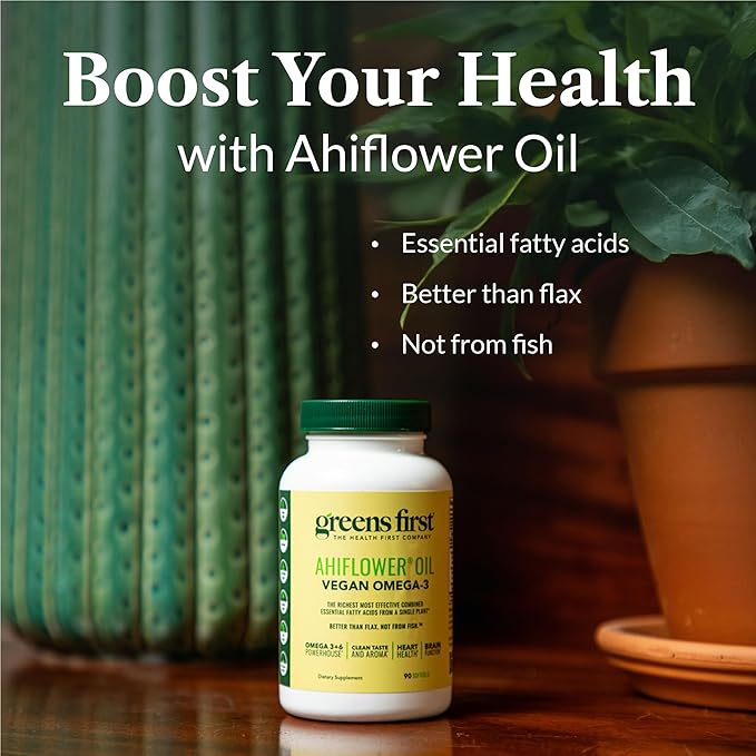 Greens First Ahiflower Oil Plant-Based Omega-3 Supplement – Vegan Omega-3 to Support Brain Immune Joint &amp Heart Health - Essential Fatty Acids - Gluten-Free/Dairy-Free/Soy-Free (90 Softgels)