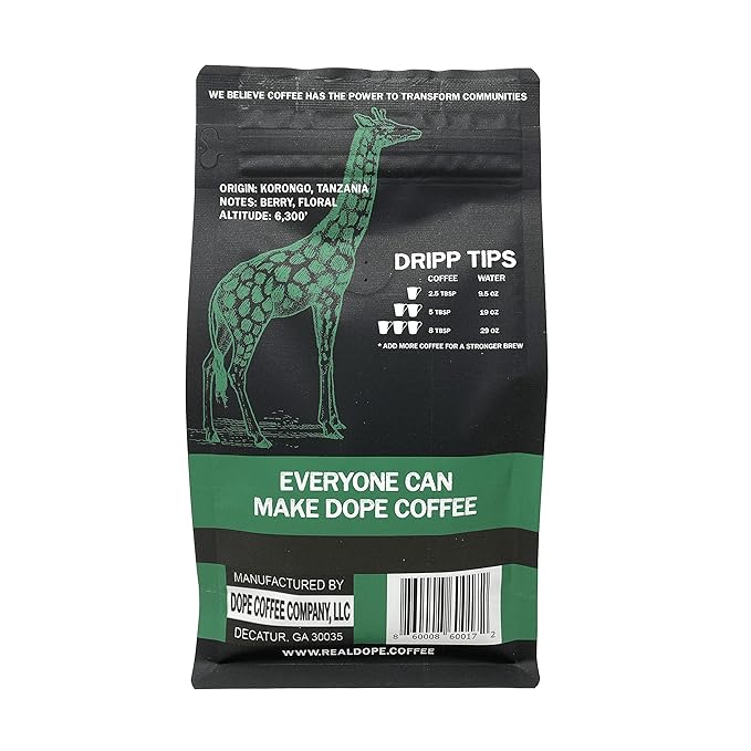 Dope Coffee Ground Tanzania Peaberry Dark Roast Rainforest Alliance 100% Arabica Coffee 12oz