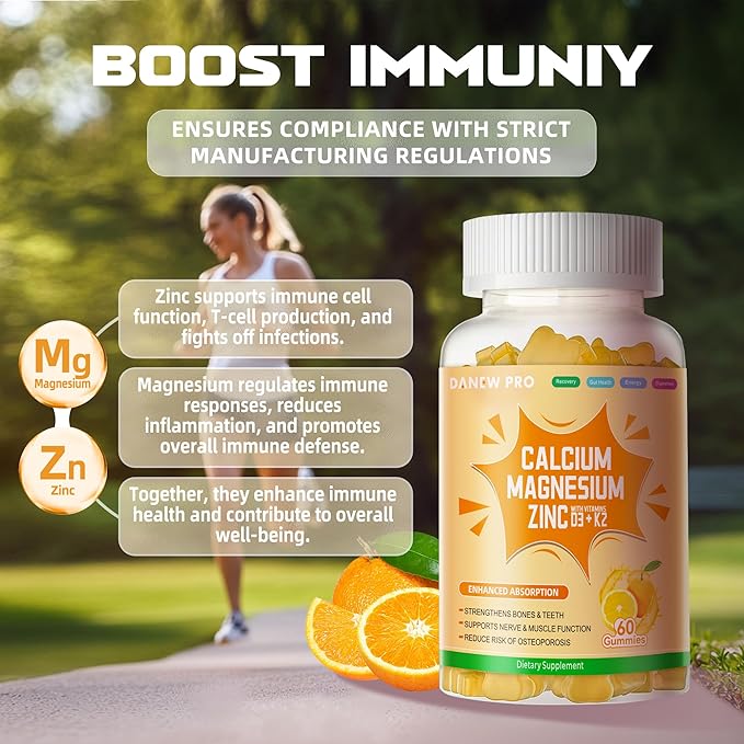 Calcium Magnesium Zinc Gummies with Vitamin D3 &amp K2 - High Potency Enhanced Absorption -120 Orange Gummies