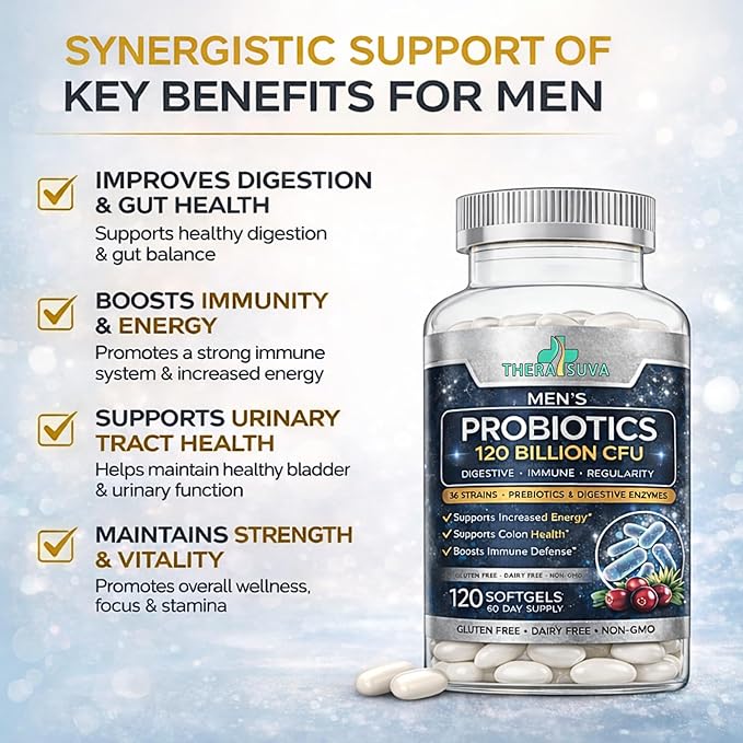 Men’s Advanced Probiotics 120 Billion CFU - 36 Strains + Prebiotics Enzymes &amp Veggie Blend for Gut Immune &amp Colon Health - 2 Month Supply 120 Softgels