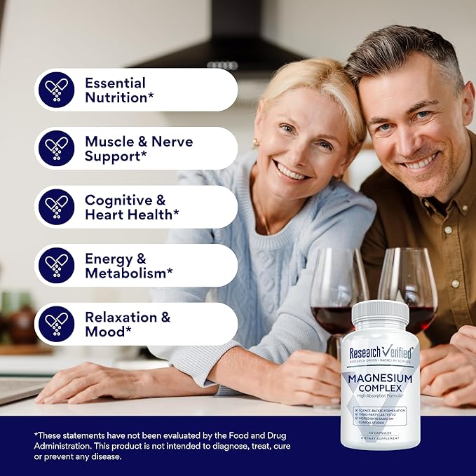 Research Verified Magnesium Complex - Brain Muscle and Nerve Support - Magnesium Bisglycinate Malate Citrate and Oxide - Bioperine - Vegan - 60 Capsules - Pack of 6
