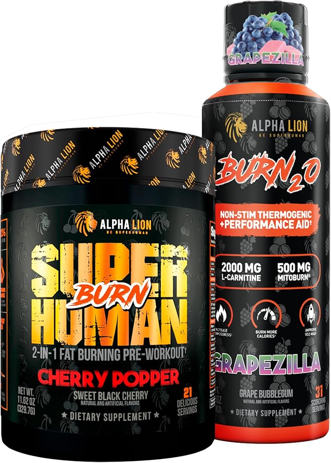 ALPHA LION Stubborn Fat Loss Stack – Superhuman Burn Pre Workout + Burn2O Liquid L-Carnitine 2000mg (Grapezilla) Non-Stim Thermogenic – Day &amp Night Metabolism Booster &amp Energy Stack for Men an