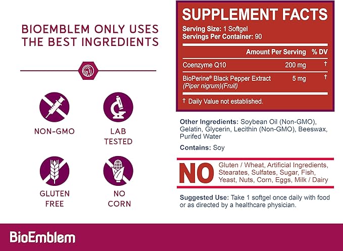 BioEmblem CoQ10 with BioPerine - 200mg Softgels High Absorption - Coenzyme Q10 Antioxidant for Energy Production Heart Health - Natural Form Non-GMO CoQ10 Supplement - 90 Count