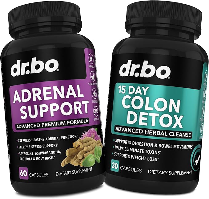 DR. BO Adrenal Support &amp Colon Cleanse Supplements - Adrenal Fatigue Supplement with Ashwagandha &amp L Tyrosine - 15 Day Intestinal Cleanse Pills for Bowel Movement Support &amp Gut Stomach Cle