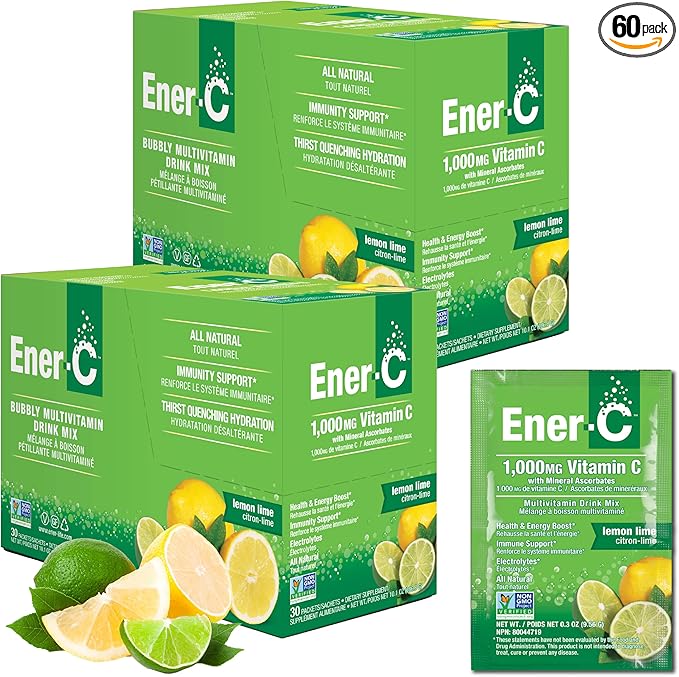 Ener-C Multivitamin Drink Mix - Vitamin Packets for Water Electrolytes Powder Packets Vitamin Drink Mix Hydration Liquid Mix Immune Booster for Adults Healthy Energy - Lemon Lime 60 Count