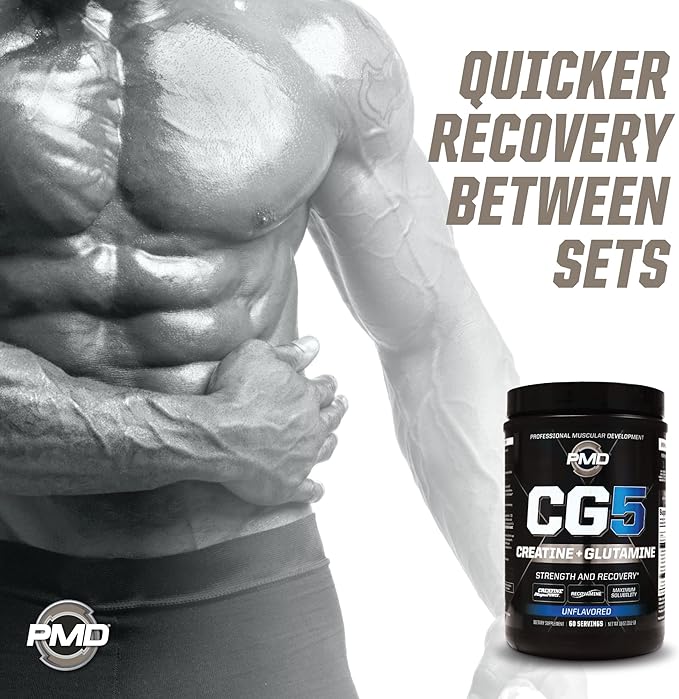 PMD Sports CG5 Premium Creatine &amp L Glutamine Powder Power Recovery Build Lean Muscle Increase Workout Performance Maximum Strength Pre Workout &amp Post Workout Unflavored 60 Servings