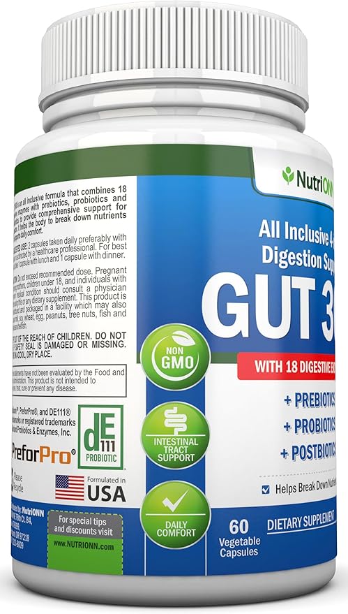 4-in-1 Probiotics Prebiotics &amp Postbiotics with 18 Digestive Enzymes for Women &amp Men - Complete Gut &amp Digestive Support Supplement - Bloating Relief and Enzymes for Digestion - Non GMO -