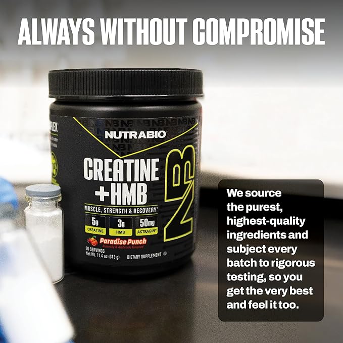 NutraBio Creatine + HMB- Creatine Monohydrate with HMB Powder for Muscle Growth Increased Strength- 30 Servings (Paradise Punch)