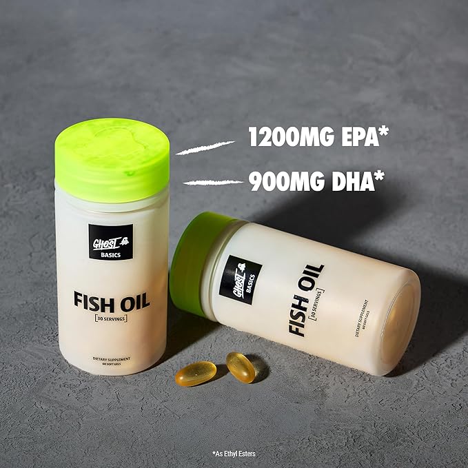 GHOST Basics Fish Oil Supplement 3000MG Daily Omega 3 Fatty Acids with DHA &amp EPA for Brain Heart Health &amp Immunity Support - Gluten-Free &amp Soy-Free - 60 Enteric Coated Softgels