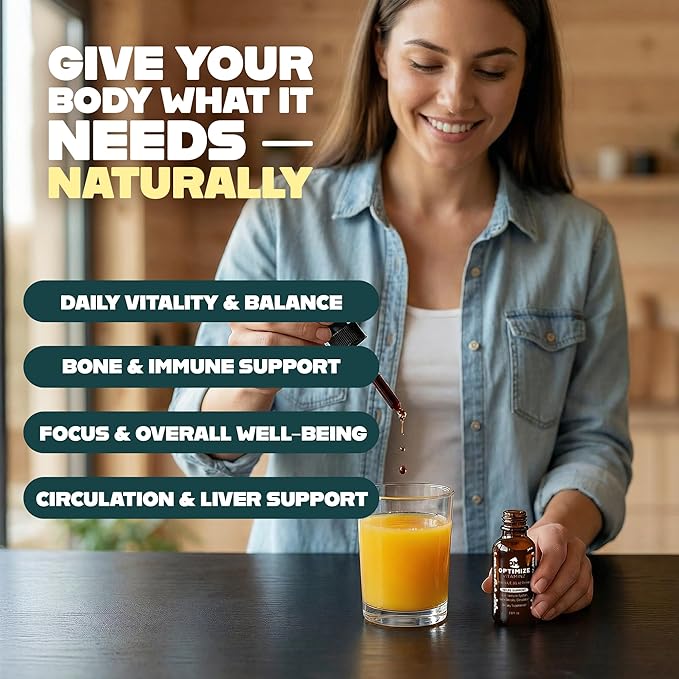Optimize Vitaminz Liquid Vitamin D3 K2 Drops with Dandelion Root &amp Bilberry | Immune Liver &amp Bone Support MK-7 Formula Fast Absorption Liquid Multivitamin 30 Day Supply 2 Fl Oz