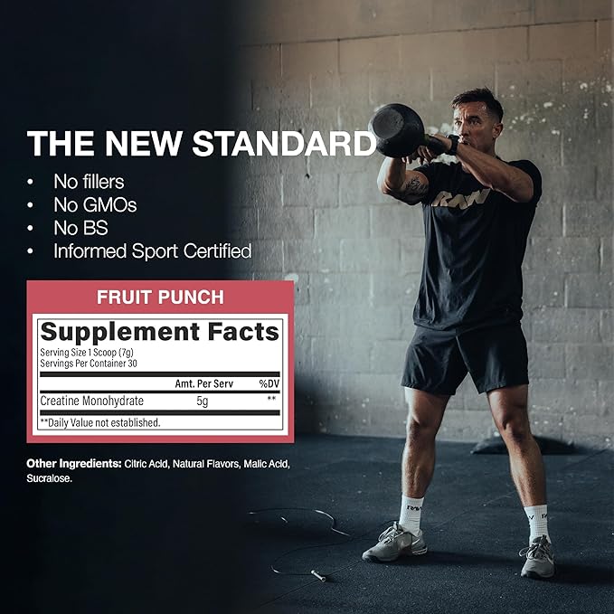 RAW Nutrition Creatine Monohydrate Powder Fruit Punch (30 Servings) - Micronized Creatine Monohydrate Supplement for Workout Performance Build Muscle &amp Strength - Creatine Powder for Men &amp W