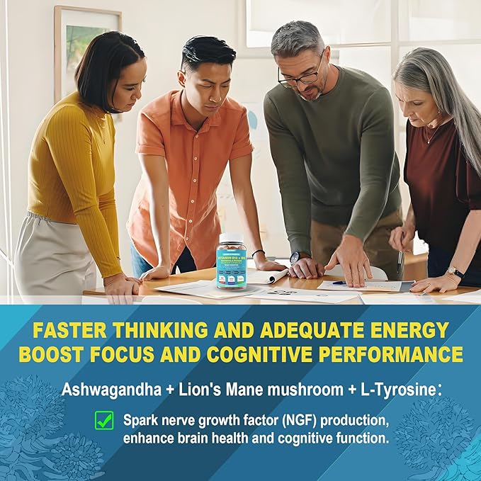 Focus Memory &amp Energy Gummies L-Tyrosine + Methyl B12 1000mcg B6 50mg D3 C Lion's Mane Mushroom for 15+ Students Office Worker Multivitamin Herb Blend for Seniors Brain &amp Cognition Su